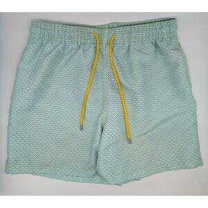 Men's Light Green Patterned Swim Trunks with Yellow Drawcord